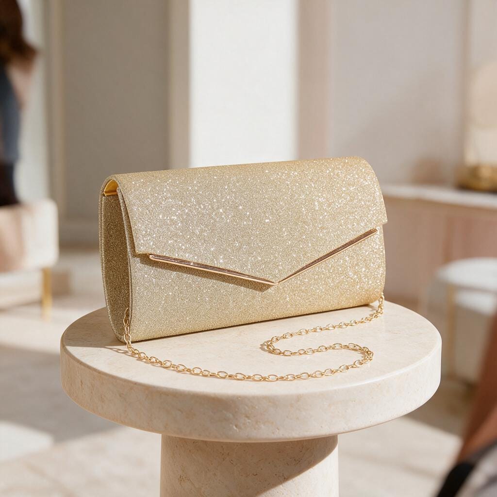 Gold Glitter Clutch Bag, Champagne Gold Envelope Purse, Chain Strap Evening Bag, Wedding Guest Clutch, Elegant Party Handbag
