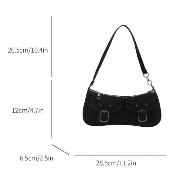 Black Buckle Shoulder Bag, Y2K Double Pocket Purse, 90s Baguette Handbag, Retro Bag