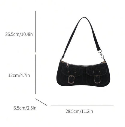 Black Buckle Shoulder Bag, Y2K Double Pocket Purse, 90s Baguette Handbag, Retro Bag