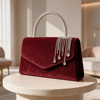 Burgundy Evening Clutch, Rhinestone Handle Bag, Red Formal Purse, Wedding Guest Bag