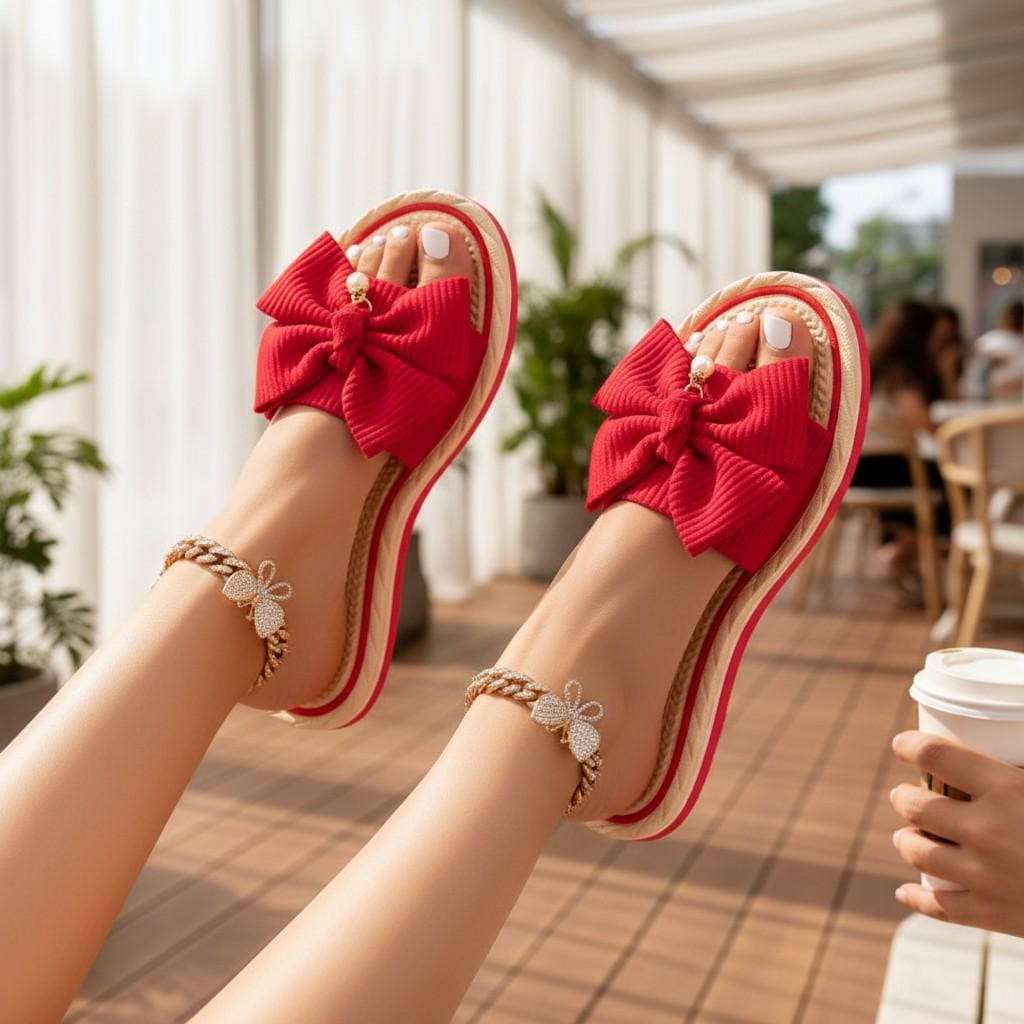 Red Bow Slides for Women, Flat Platform Sandals, Cute Summer Slip On Shoes
