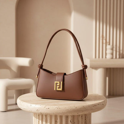 Chocolate Brown Baguette Shoulder Bag, Gold Clasp Handbag, Y2K Underarm Purse, Minimalist Everyday Bag