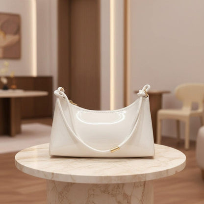 White Baguette Shoulder Bag, Glossy White Purse, Minimalist Y2K Handbag, Curved Underarm Bag, Women's Trendy Bag