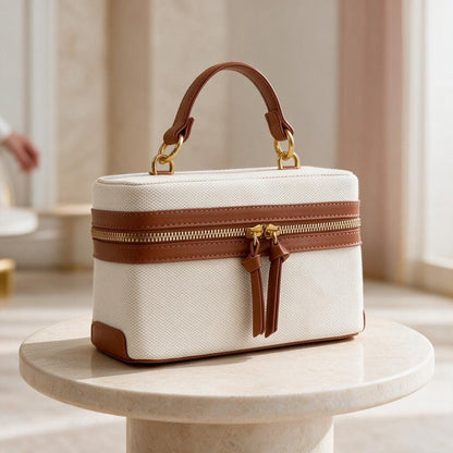 Cream Top Handle Bag, Brown Trim Handbag, Ivory Structured Purse, Zipper Shoulder Bag, Neutral Everyday Handbag