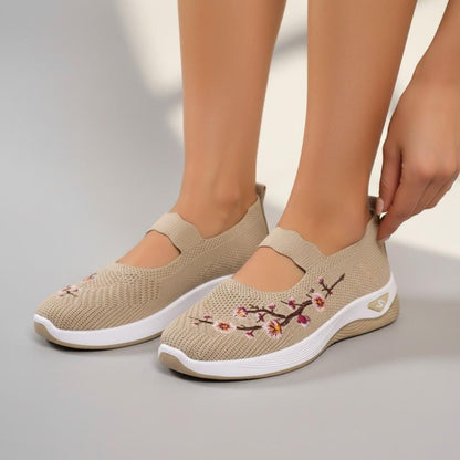 Floral Mary Jane Sneakers for Women, Beige Knit Shoes, Embroidered Casual Walking Flats