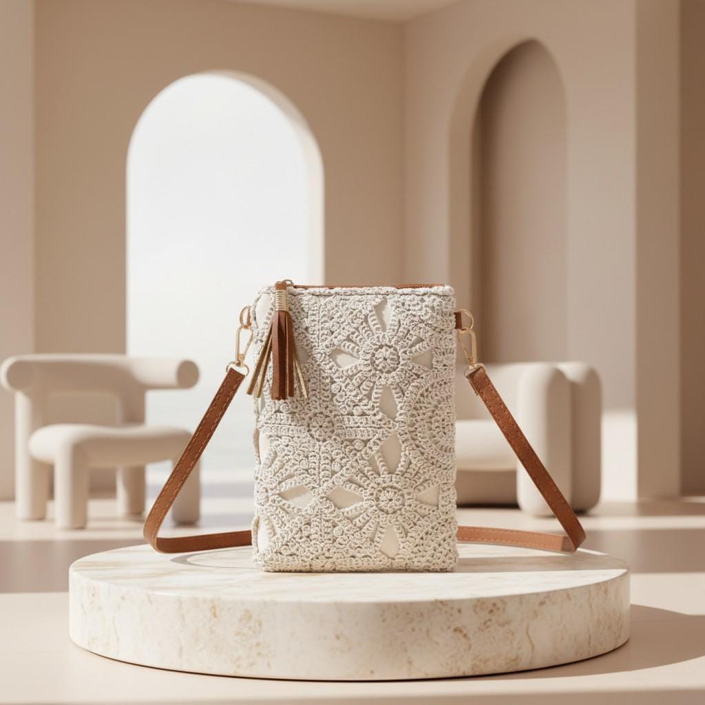 Cream Crochet Crossbody Bag, Boho Lace Purse for Women, Small Shoulder Bag, Summer Vacation Handbag
