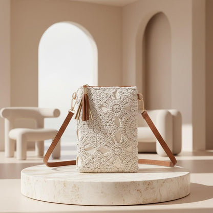 Cream Crochet Crossbody Bag, Boho Lace Purse for Women, Small Shoulder Bag, Summer Vacation Handbag
