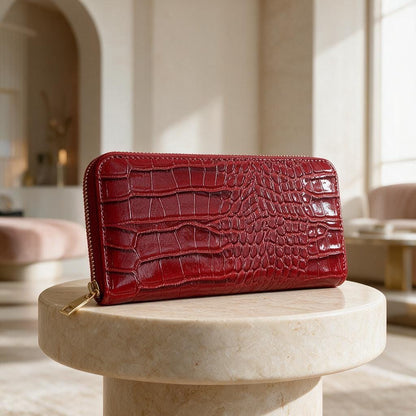 Red Croc Embossed Wallet, Zip Around Womens Wallet, Glossy Statement Purse