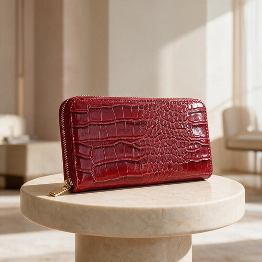 Red Croc Embossed Wallet, Zip Around Womens Wallet, Glossy Statement Purse