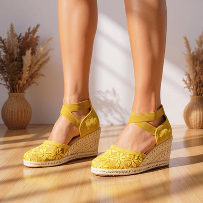 Yellow Floral Espadrille Wedge Sandals, Embroidered Ankle Strap Shoes, Summer Platform Heels