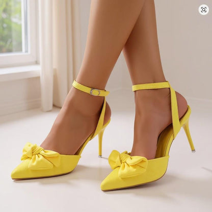 Yellow Bow Pumps, Pointed Toe Stiletto Heels, Ankle Strap Dress Shoes