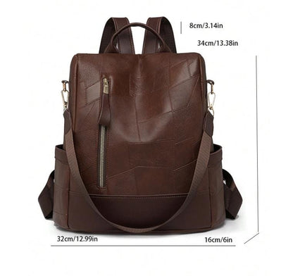 Brown Patchwork Backpack, Women's Casual Backpack, Vintage Style Daypack, Everyday Brown Bag, Multi Pocket City Backpack
