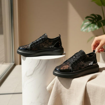 Black Lace Platform Sneakers, Women's Chunky Lace-Up Shoes
