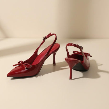Red Bow Slingback Heels for Women, Pointed Toe Stiletto Pumps, Glossy Dress Shoes