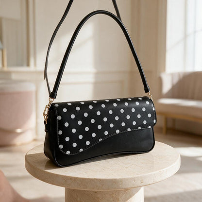 Black Polka Dot Shoulder Bag, Y2K Baguette Purse, Retro Handbag, Cute Everyday Bag