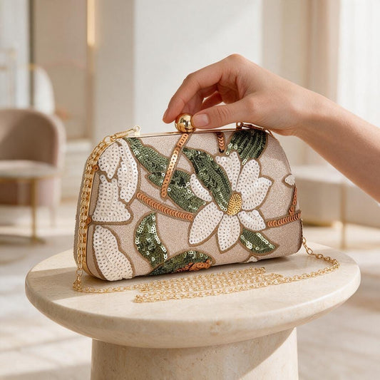 Floral Sequin Clutch Bag, Beaded Evening Purse, Embroidered Flower Handbag, Gold Chain Wedding Guest Bag, Elegant Party Clutch