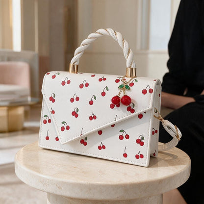 Cherry Print Handbag, White Cherry Shoulder Bag, Fruit Print Purse, Braided Handle Bag, Cute Flap Crossbody Bag, Summer Purse
