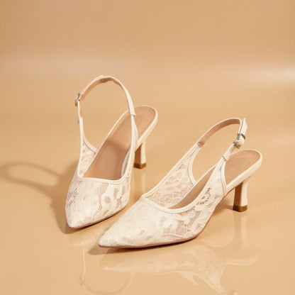 Ivory Lace Bridal Slingback Heels, Pointed Toe Wedding Pumps, Low Heel Shoes