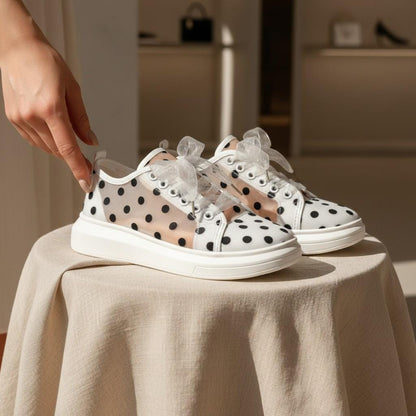 Polka Dot Sneakers for Women, White Bow Shoes, Cute Platform Sneakers, Ribbon Lace Up Shoes, Playful Fashion Trainers