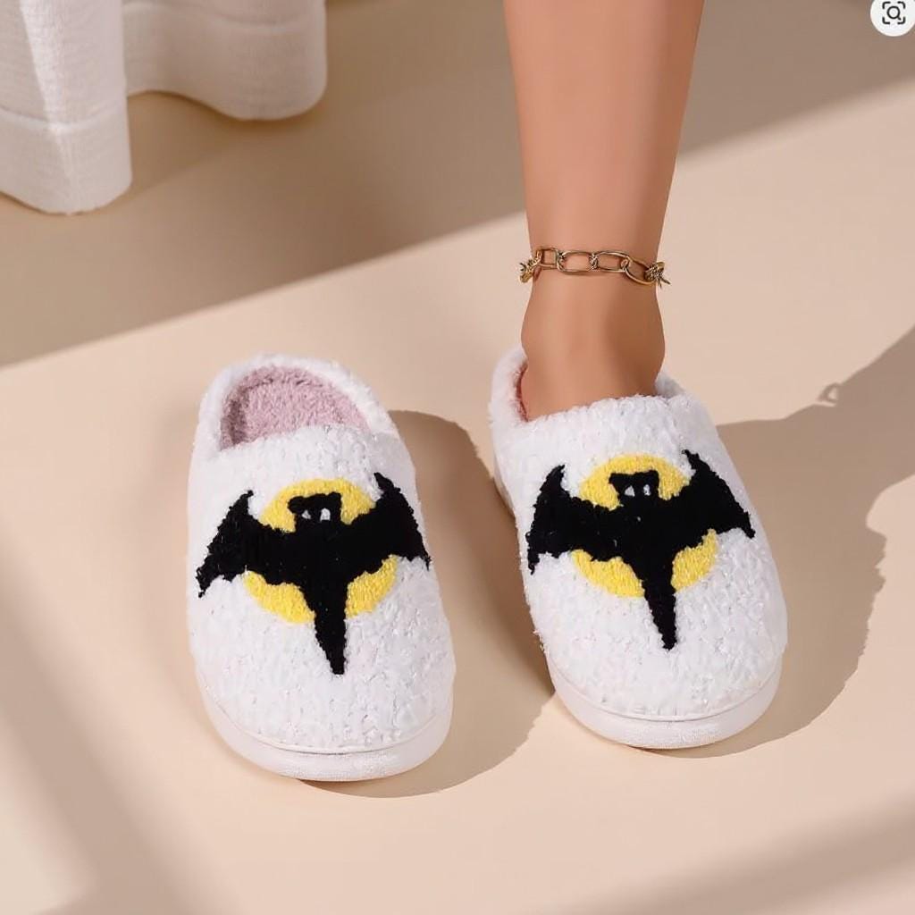 Bat Slippers, Fuzzy White House Shoes, Spooky Halloween Slippers