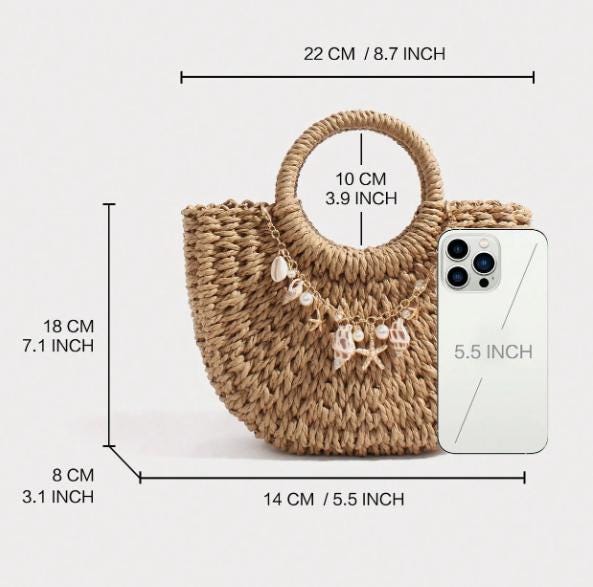 Woven Top Handle Bag, Natural Boho Handbag, Shell Charm Summer Purse
