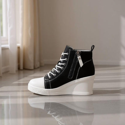 Black Wedge Sneakers, High Top Platform Shoes, Lace Up Ankle Sneakers, Women's Casual Wedge Shoes