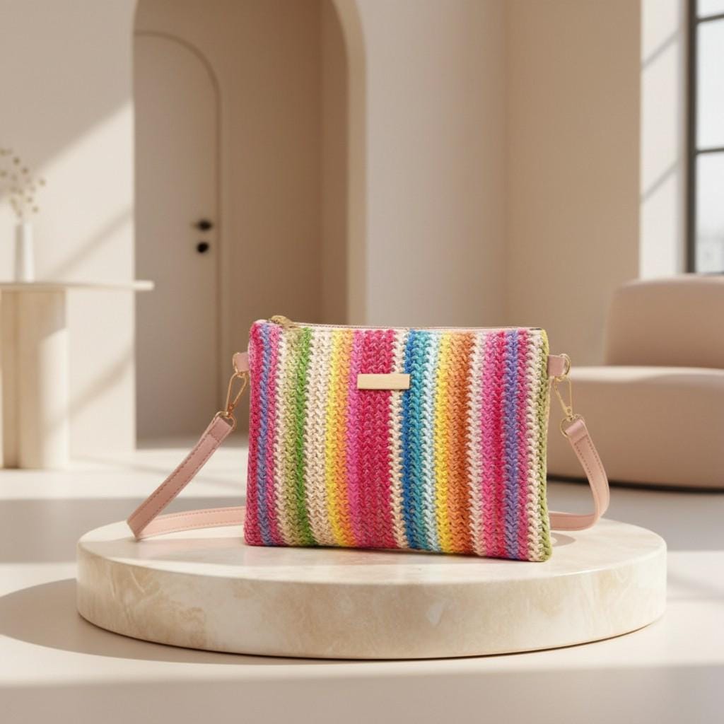 Multicolor Woven Crossbody Bag, Striped Shoulder Purse, Colorful Women's Bag