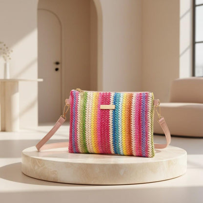 Multicolor Woven Crossbody Bag, Striped Shoulder Purse, Colorful Women's Bag