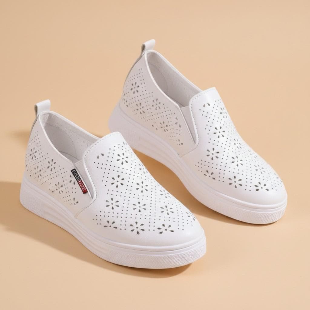 White Floral Wedge Sneakers, Women's Slip On Platform Shoes