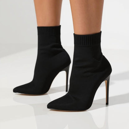 Black Sock Boots, Stiletto Heel Ankle Booties, Pointed Toe High Heel Shoes, Women's Fashion Boots