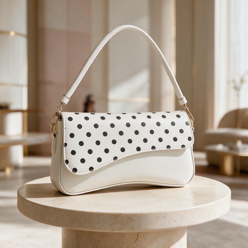 Polka Dot Shoulder Bag, White Crossbody Purse, Y2K Baguette Handbag, Retro Everyday Bag