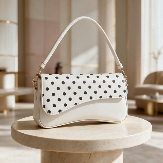 Polka Dot Shoulder Bag, White Crossbody Purse, Y2K Baguette Handbag, Retro Everyday Bag