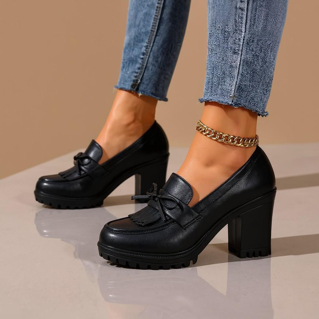 Black Chunky Loafers, Tassel Heeled Loafers, Platform Block Heel Dress Shoes