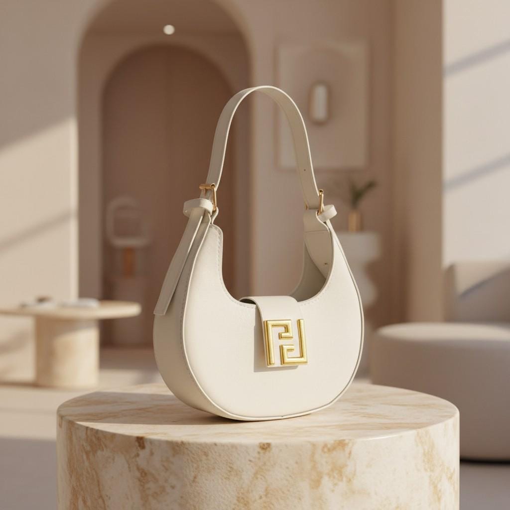 White Hobo Shoulder Bag for Women, Crescent Purse, Small Handbag with Gold Detail, Minimalist Everyday Bag