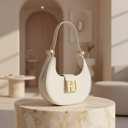 White Hobo Shoulder Bag for Women, Crescent Purse, Small Handbag with Gold Detail, Minimalist Everyday Bag