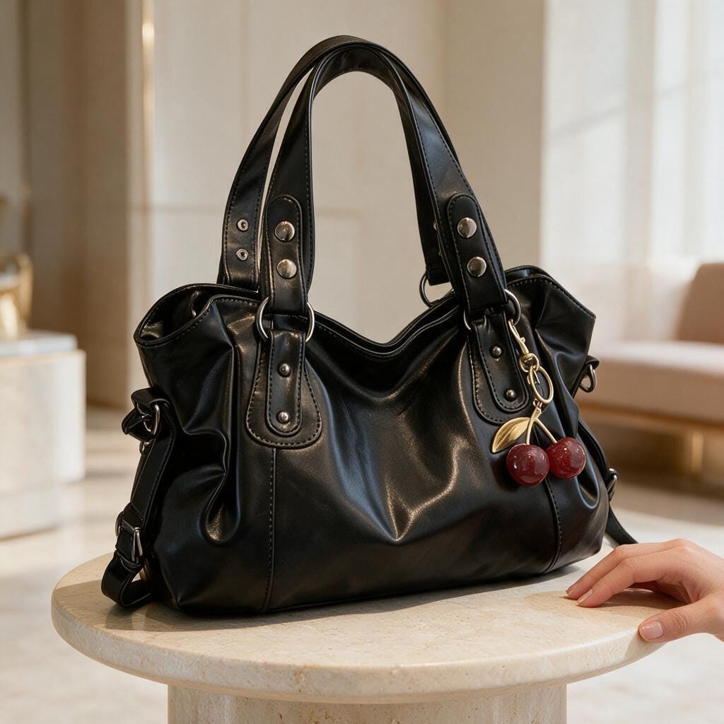 Black Hobo Shoulder Bag, Cherry Charm Purse, Slouchy Handbag, Large Everyday Bag