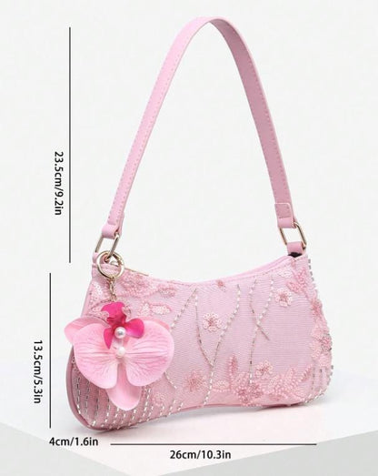 Pink Floral Beaded Shoulder Bag, Sequin Embroidered Purse, Romantic Flower Handbag, Cute Evening Bag for Women