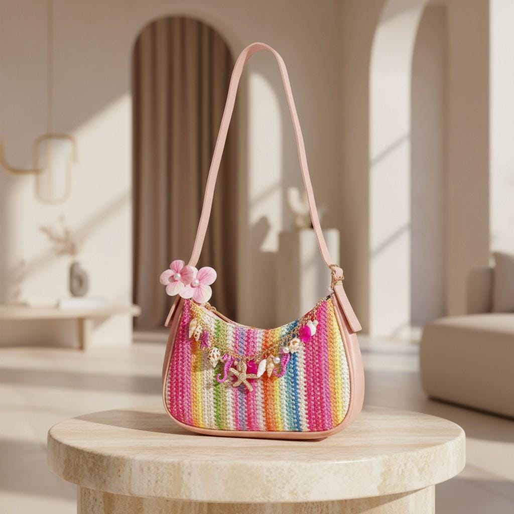 Rainbow Shoulder Bag, Colorful Woven Purse for Women, Seashell Summer Handbag, Boho Beach Bag