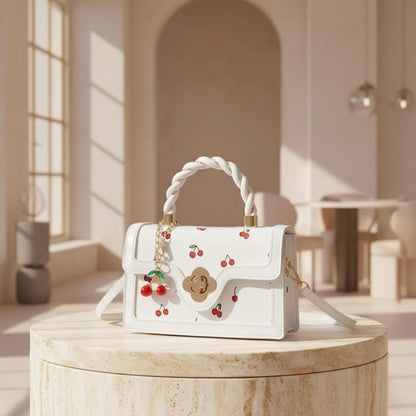 White Cherry Shoulder Bag, Cherry Print Purse, Braided Top Handle Handbag, Floral Clasp Crossbody Bag, Cute Summer Bag