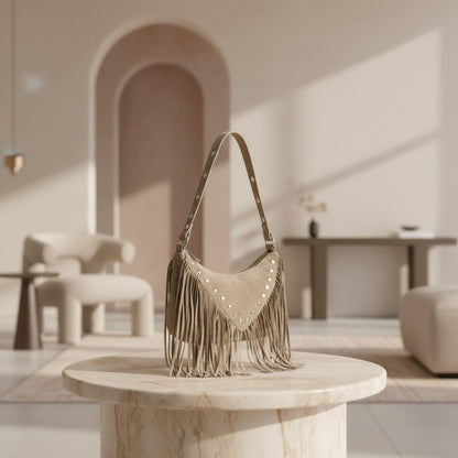 Taupe Fringe Shoulder Bag, Boho Purse, Western Fringe Bag, Studded Hobo Bag, Festival Handbag