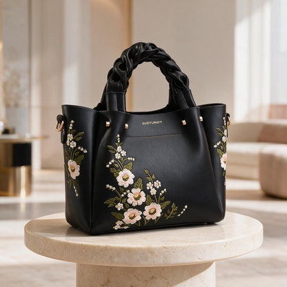 Black Floral Embroidered Tote Bag, Braided Handle Handbag, Women's Shoulder Bag, Floral Crossbody Purse, Everyday Tote