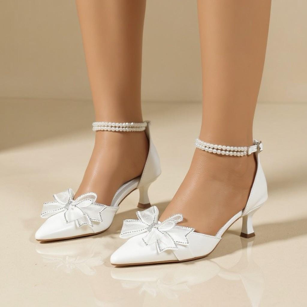White Bow Heels, Pearl Ankle Strap Pumps, Pointed Toe Wedding Shoes