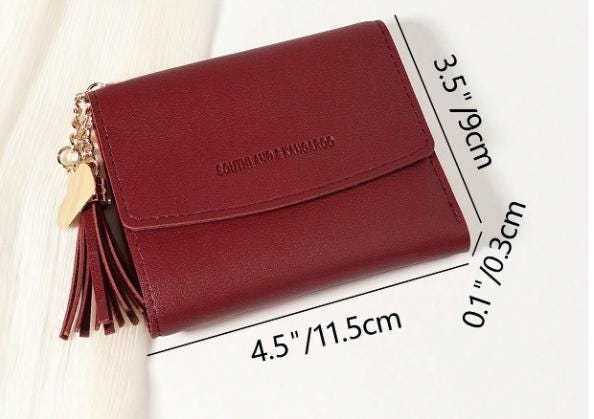 Burgundy Womens Wallet, Small Tassel Wallet, Compact Flap Purse, Red Wallet