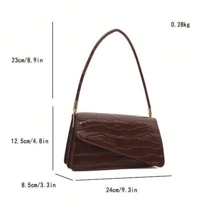 Brown Croc Print Handbag, Structured Flap Purse for Women, Long Handle Shoulder Bag