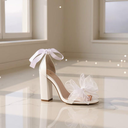 White Bow Heels, Pearl Ankle Strap Sandals, Bridal High Heel Wedding Shoes, Open Toe Platform Heels