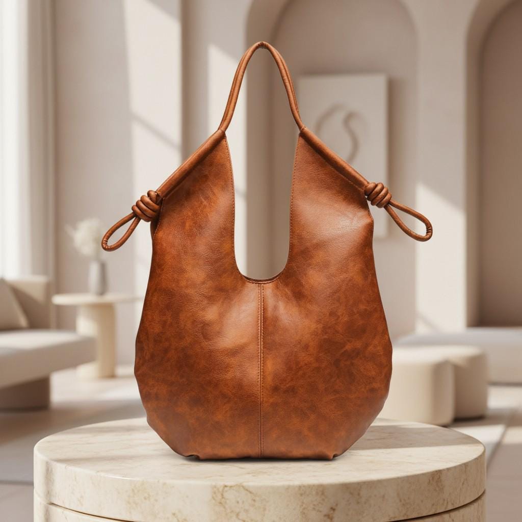 Brown Hobo Shoulder Bag, Slouchy Large Purse, Cognac Everyday Handbag, Boho Shoulder Bag, Knot Detail Tote, Women's Bag