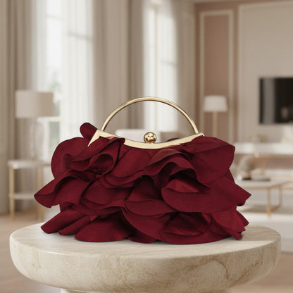 Burgundy Ruffle Clutch, Floral Evening Bag, Top Handle Handbag, Wine Red Statement Purse, Elegant Party Bag