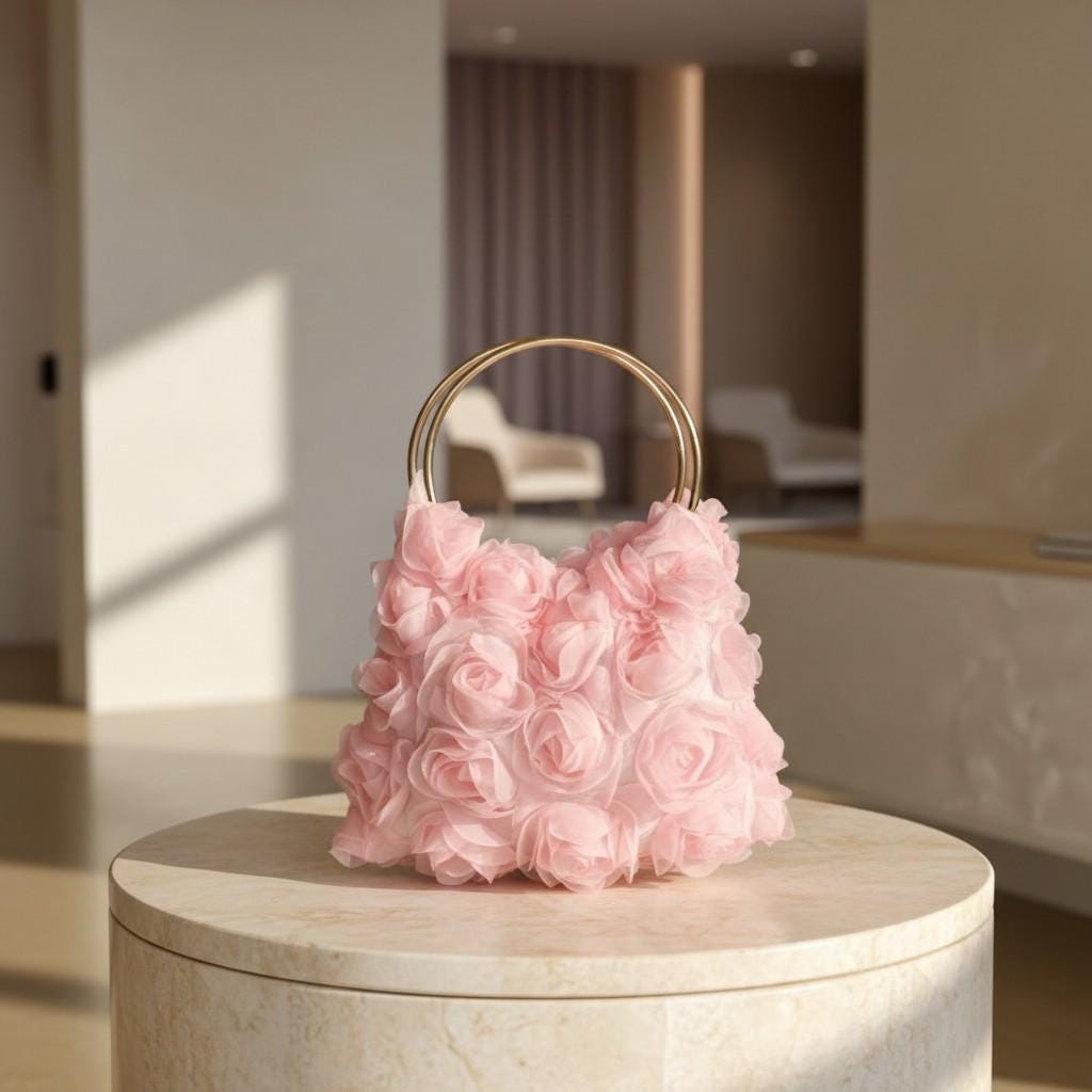 Pink 3D Flower Handbag, Rose Top Handle Purse, Floral Ring Handle Bag, Romantic Pink Evening Bag, Statement Flower Purse