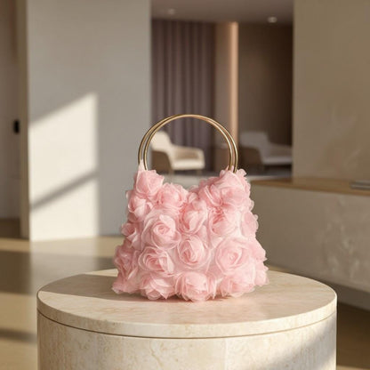Pink 3D Flower Handbag, Rose Top Handle Purse, Floral Ring Handle Bag, Romantic Pink Evening Bag, Statement Flower Purse