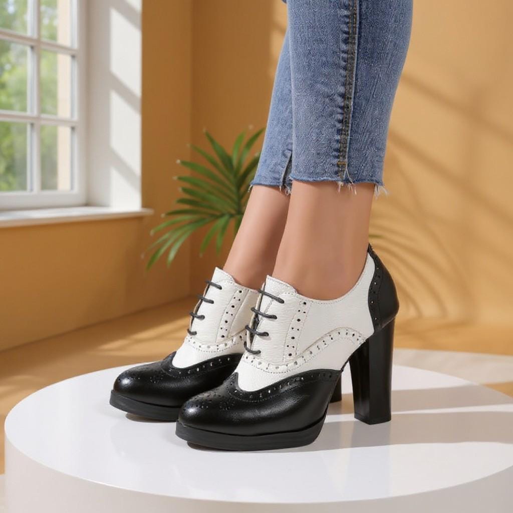 Black White Oxford Heels, Lace Up Brogue Shoes, Two Tone Block Heel